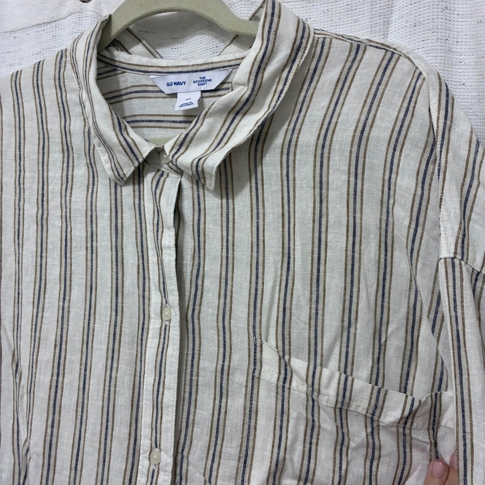 Old Navy Women's Boyfriend Shirt 4X Linen Blend Striped Long Sleeve Button Down